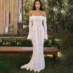 Elegant off-the-shoulder white lace maxi dress with long flare sleeves for a slim fit