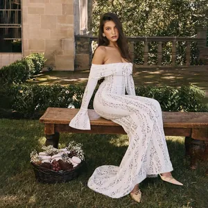 Elegant off-the-shoulder long sleeve white lace slim fit maxi dress for formal events