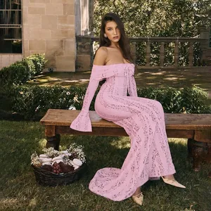 Elegant pink lace off-the-shoulder long sleeve dress for women in garden setting