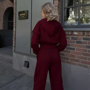 Vue arrière détaillée d'un ensemble bordeaux élégant avec veste à capuche et pantalon