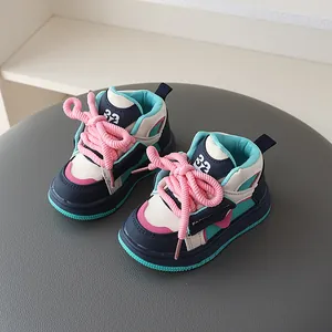 Toddler high-top sneakers with vibrant colors and thick pink laces for boys and girls