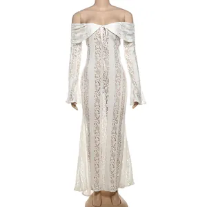 Full view of white off-shoulder lace maxi dress with elegant hollow-out patterns
