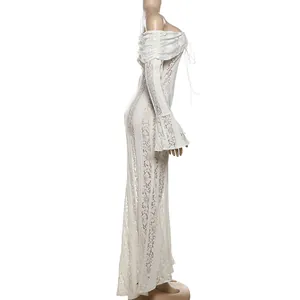 Side view detail of a white lace off-the-shoulder maxi dress with elegant flare sleeves.