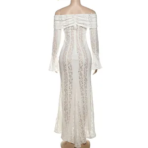 Back view detail of white off-the-shoulder lace maxi dress with long sleeves and hollow-out design