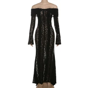 Close-up of elegant black lace off-the-shoulder long sleeve bodycon maxi dress
