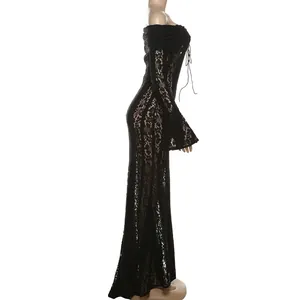 Side view of black off-the-shoulder lace maxi dress with long flare sleeves on mannequin