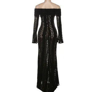 Back view of elegant black lace off-shoulder maxi dress with long bell sleeves