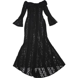 Full view of an elegant black off-the-shoulder lace maxi dress displayed on white background