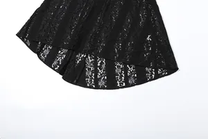 Close-up detail of a black lace dress hem featuring intricate floral patterns and textures
