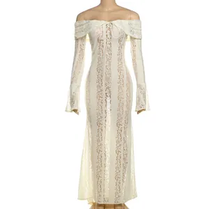 Detailed view of off-the-shoulder lace hollow-out maxi dress on mannequin