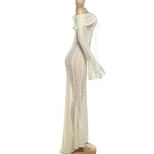Side view of white lace off-shoulder maxi dress with flare sleeves on mannequin