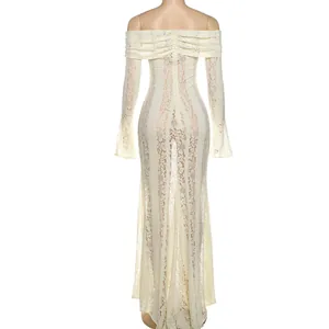 Back view of elegant off-shoulder lace maxi dress with long sleeves and bodycon fit