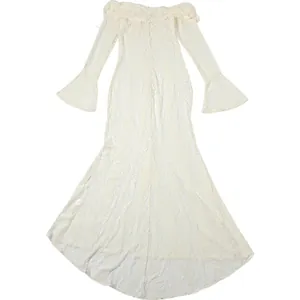 Elegant cream lace off-shoulder dress featuring bell sleeves and a sleek mermaid hem detail