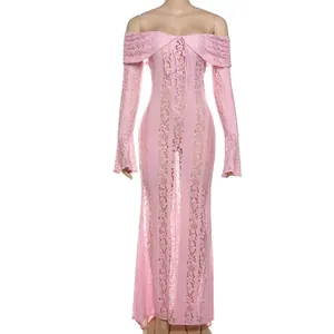 Detail showing the pink lace texture of the off-the-shoulder long sleeve slim-fit dress