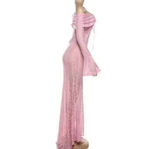 Side view of pink lace off-the-shoulder maxi dress with long flare sleeves