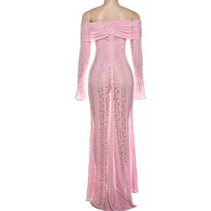 Back view detail of a pink off-shoulder long sleeve lace hollow bodycon maxi dress