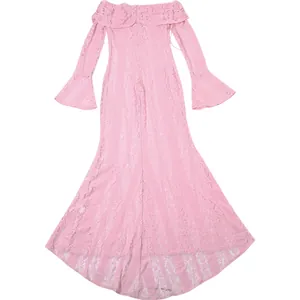 Elegant pink off-the-shoulder long sleeve lace maxi dress with slim fit hollow out design