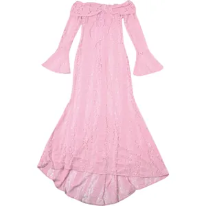 Detailed view of elegant pink off-shoulder lace maxi dress featuring long bell sleeves