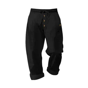 Men's black linen casual straight-leg pants with drawstring waist and button fly detail