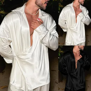 Chemise à Manches Longues en Satin pour Hommes Style Paresseux Européen Col en V Profond Coupe Large Patchwork Couleur Unie Top