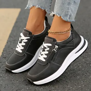 Γυναικεία Casual Sneakers Στρογγυλή Μύτη Χαμηλά Παπούτσια Πλαϊνό Φερμουάρ Επίπεδη Παχιά Σόλα PU Δέρμα Δέσιμο Μπροστά Παπούτσια