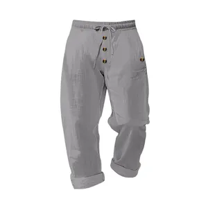 Men's casual grey linen pants with drawstring waist and decorative buttons