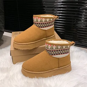 Damen Winter Schneestiefel Mittelhoch Rindsvelours Warm Kunstfellfutter Ethno-Strickmanschette Plattform Rutschfest Schuhe