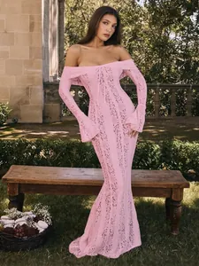 Elegant pink lace off-shoulder long sleeve maxi dress for women in a lush garden setting