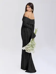 Elegant black lace off-the-shoulder long sleeve maxi dress for formal evening events