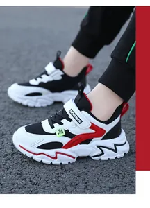 Children's breathable mesh sneakers with red fashion straps and a non-slip soft sole view.