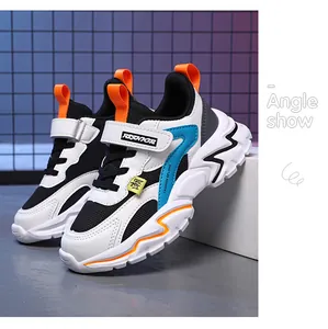 Kids breathable mesh sneakers with vibrant blue and orange accents in an angle view