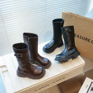 Meisjes Winter Hoge Laarzen Kunstleer Zijritssluiting Gesp Pluche Warm High Top Kinderrijlaarzen Voor School Buiten Zwart Bruin