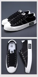 Detailed views of breathable black canvas shoes for men showing flat white soles