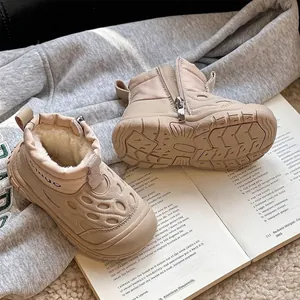 Warm beige fleece-lined winter snow boots for kids with waterproof fabric and side zipper