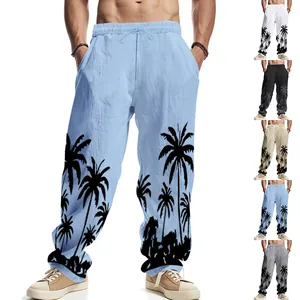 Men's casual linen trousers with tropical palm tree print shown in five color variations.