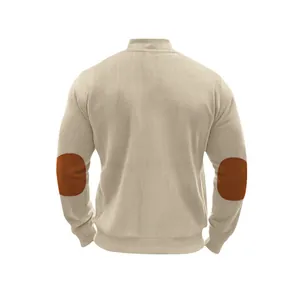 Back view of a beige men's ribbed jacket with brown elbow patch details