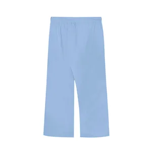 Back view of light blue linen casual wide-leg trousers for men with elastic waist.