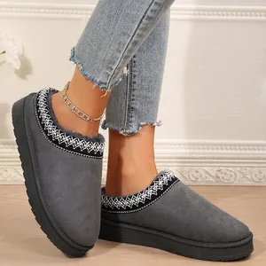 Gros plan de chaussons bottines à plateforme gris avec broderie et doublure fourrée.