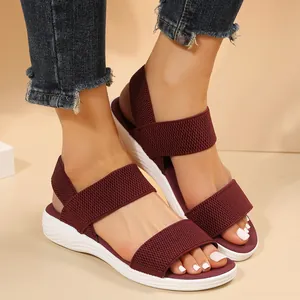 Sandalias de plataforma burdeos cómodas para mujer con correas de punto elásticas y suela