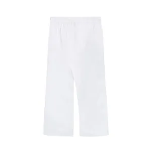 High-definition detail of white lightweight linen casual straight-leg trousers for men.