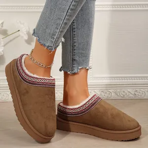 Bottes de Neige Plateforme Hiver Femmes Suédine Chaud Doublé Polaire Chaussures Fourrure Brodé Ethnique Slip On Mules Décontracté Plat Confort