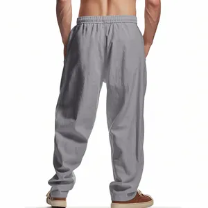 Back view of men's casual light gray linen straight-leg trousers with elastic waist