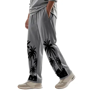 Casual men's linen straight-leg trousers with Hawaiian palm tree prints in grey