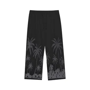 Men's black casual wide-leg trousers with grey Hawaiian palm tree silhouette print