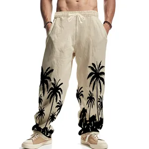 Macro view of men's casual beige linen pants with a tropical black palm tree print design
