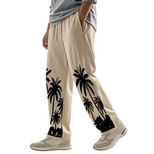 Men's summer casual linen wide-leg trousers featuring a tropical palm tree print design