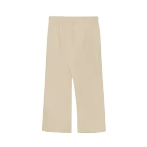 Back view of men's beige linen casual straight-leg trousers with elastic waist