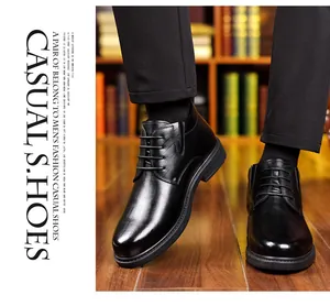 Close-up detail of men's black high-top business leather shoes for winter warmth