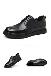 Multi-angle view of black leather brogue shoes with durable thick soles and stitching detail