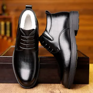 Men's Business Leather High Top Boots Winter Warm Faux Wool Lining Non-Slip Rubber Sole Lace-Up Casual Dress Shoes Black